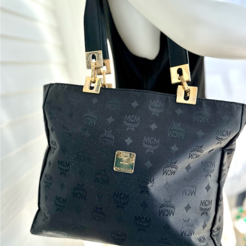 MCM Vintage Black Gold top zipper closure tote shoulder bag Made Germany unisex